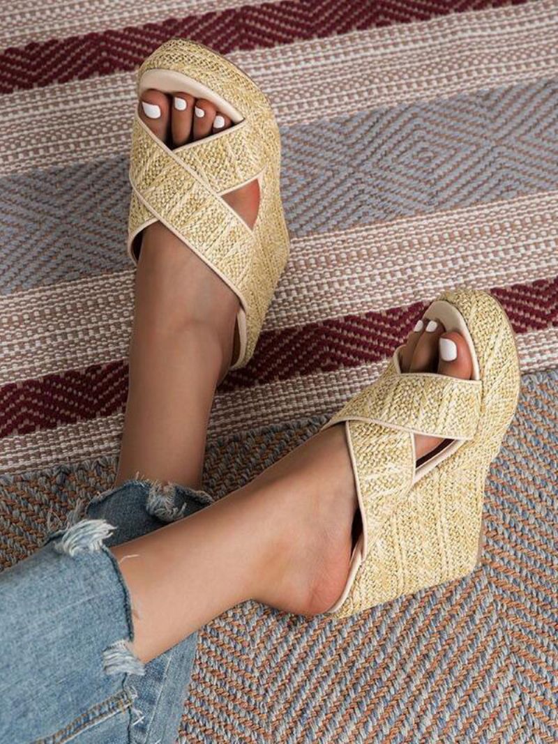 Dámske Trstinové Sandále Na Kline Platforme S Otvorenou Špičkou Criss Cross Sandal Slides - Svetlo Žltá