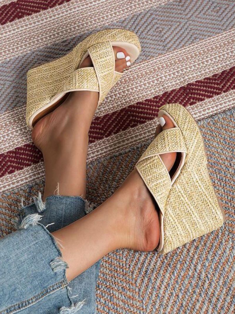 Dámske Trstinové Sandále Na Kline Platforme S Otvorenou Špičkou Criss Cross Sandal Slides - Svetlo Žltá