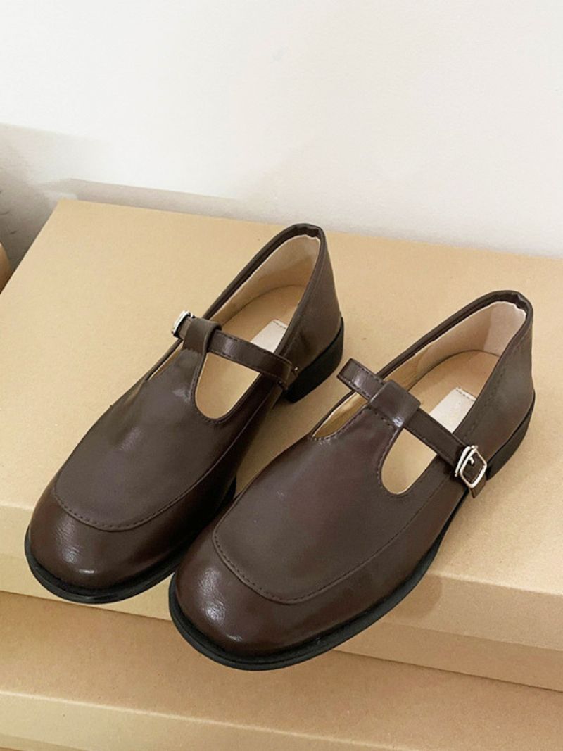 Dámske Vintage Mokasíny Suqare Toe Buckle Puppy Heel Loafers - Káva Hnedá