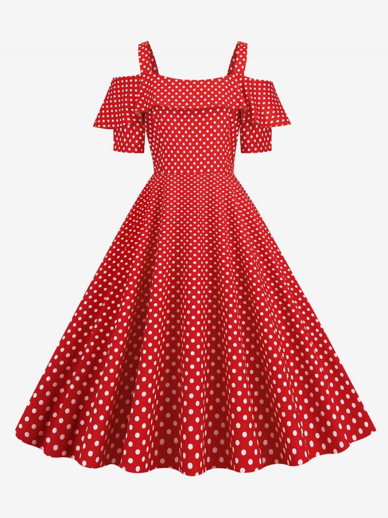 Dámske Vintage Šaty Bateau 50. Roky 20. Storočia Krátke Rukávy Stredne Bodkované Rockabilly - Červená