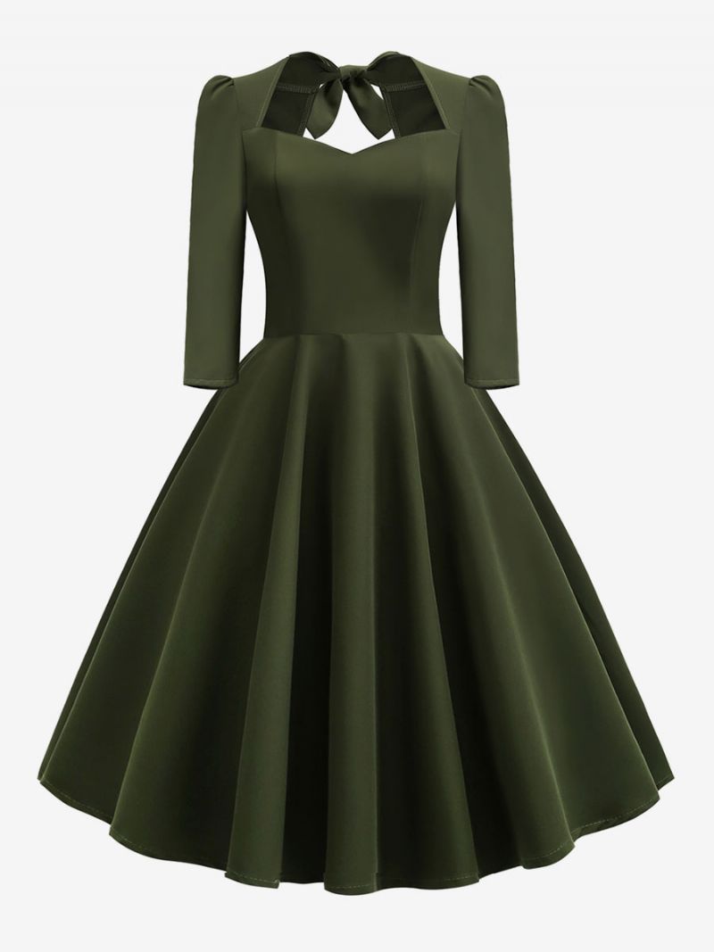 Dámske Vintage Šaty Z 50. Rokov 20. Storočia V Štýle Audrey Hepburn Srdiečkový Krk Bez Chrbta 3/4 Rukávy Rockabilly - Hunter Green