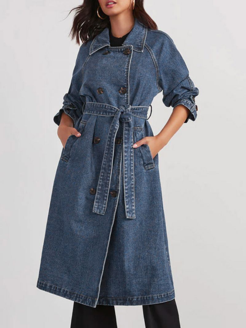 Dámske Vrchné Oblečenie Longline Denim Coat Double Breast Belted - Modrá