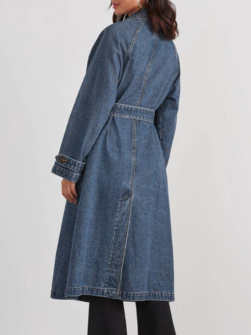 Dámske Vrchné Oblečenie Longline Denim Coat Double Breast Belted - Modrá