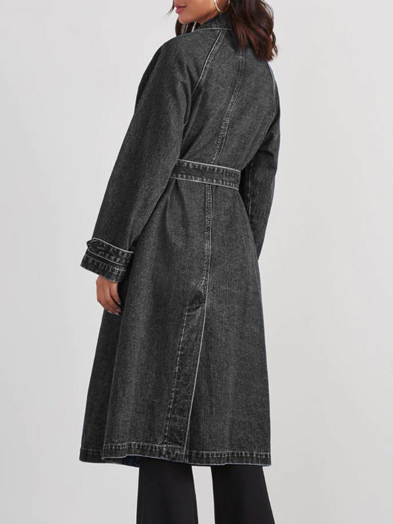 Dámske Vrchné Oblečenie Longline Denim Coat Double Breast Belted - Čierna