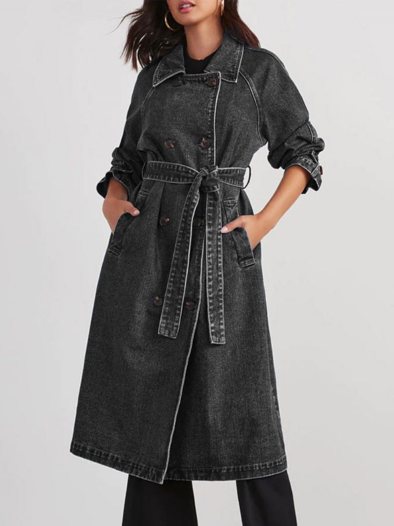 Dámske Vrchné Oblečenie Longline Denim Coat Double Breast Belted - Čierna