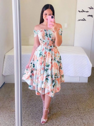 Dámske Vreckovkové Šaty Smocked Floral Off The Shouder Summer Midi Dress