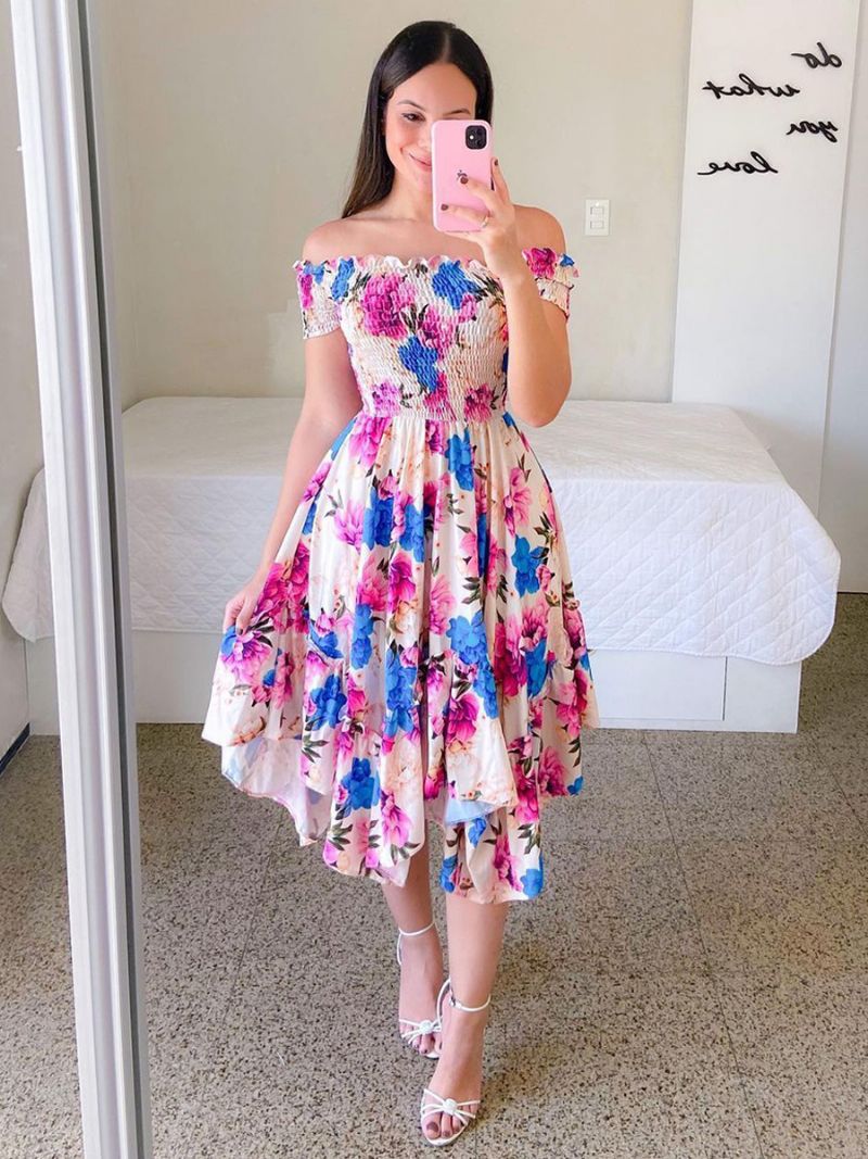 Dámske Vreckovkové Šaty Smocked Floral Off The Shouder Summer Midi Dress - Fialová