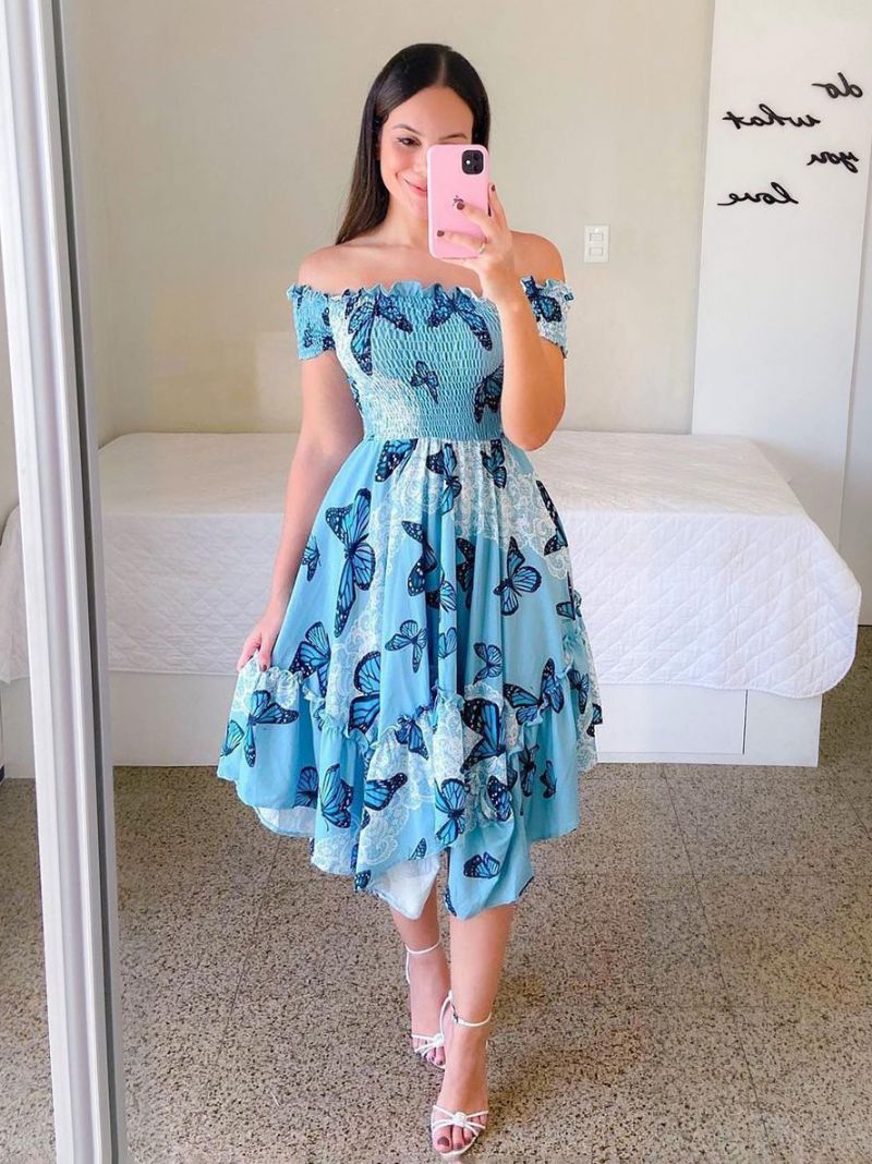 Dámske Vreckovkové Šaty Smocked Floral Off The Shouder Summer Midi Dress - Svetlo Nebeská Modrá