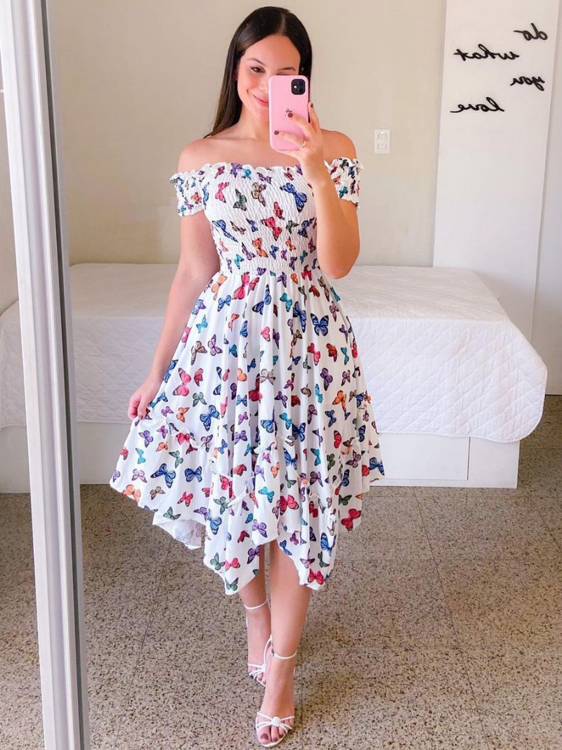 Dámske Vreckovkové Šaty Smocked Floral Off The Shouder Summer Midi Dress - Biela