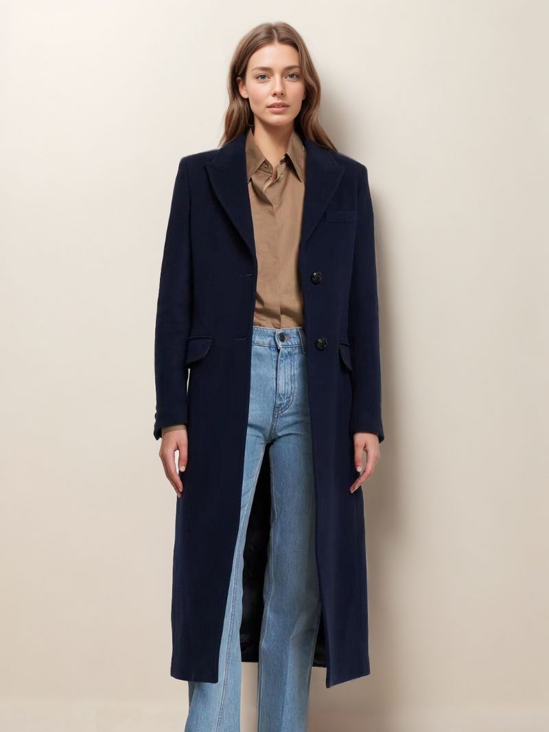 Dámske Zimné Vrchné Oblečenie Longline Woolen Overcoat Lapel Single Breast