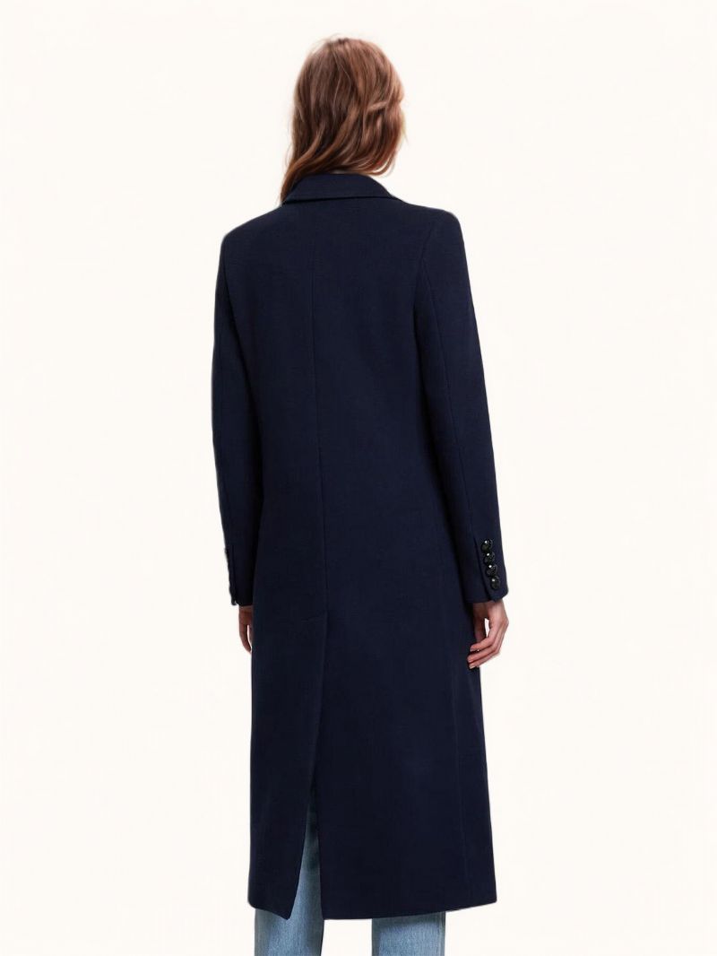 Dámske Zimné Vrchné Oblečenie Longline Woolen Overcoat Lapel Single Breast - Dark Navy