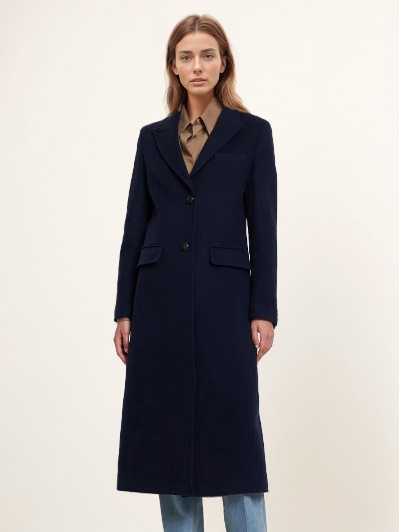 Dámske Zimné Vrchné Oblečenie Longline Woolen Overcoat Lapel Single Breast - Dark Navy