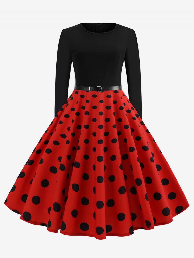 Dámske Červené Bodkované Vintage Šaty Z Roku 1950 S Dlhými Rukávmi A Okrúhlym Výstrihom Rockabilly Swing Retro