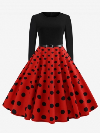 Dámske Červené Bodkované Vintage Šaty Z Roku 1950 S Dlhými Rukávmi A Okrúhlym Výstrihom Rockabilly Swing Retro