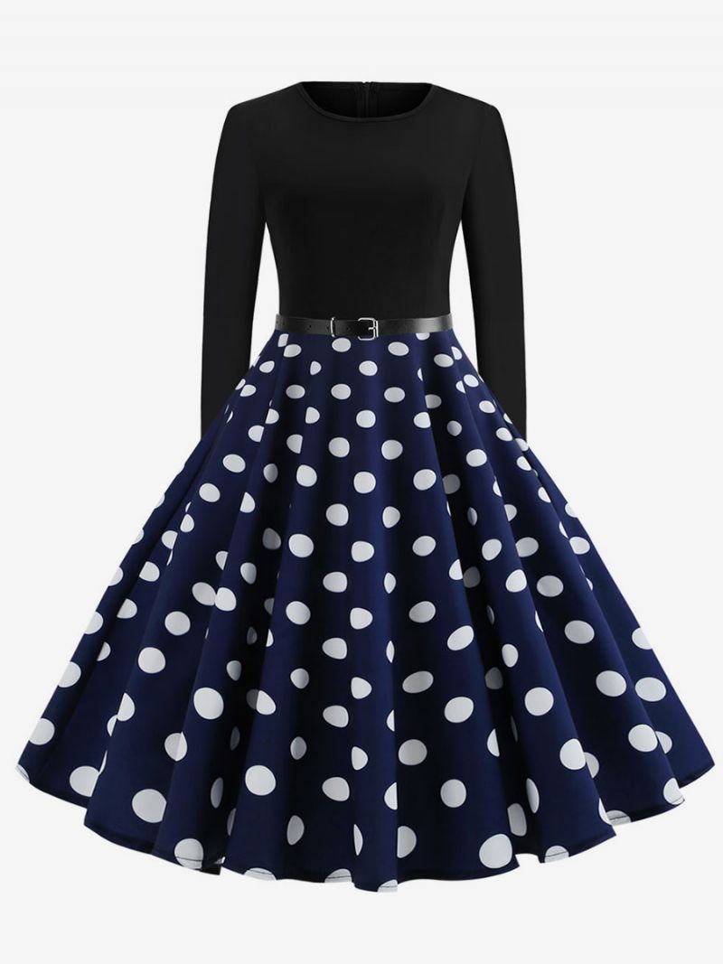 Dámske Červené Bodkované Vintage Šaty Z Roku 1950 S Dlhými Rukávmi A Okrúhlym Výstrihom Rockabilly Swing Retro - Modrá