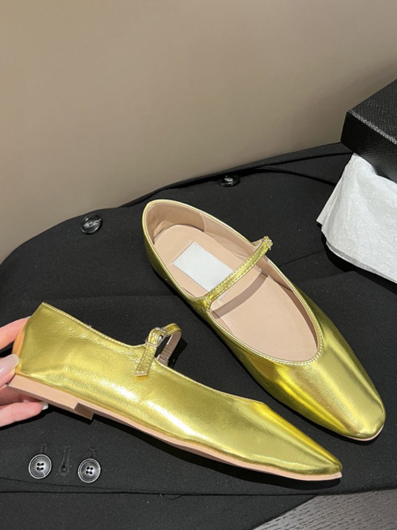 Dámske Čierne Ploché Topánky S Okrúhlou Špičkou Mary Jane Ballet Flats - Zlatá