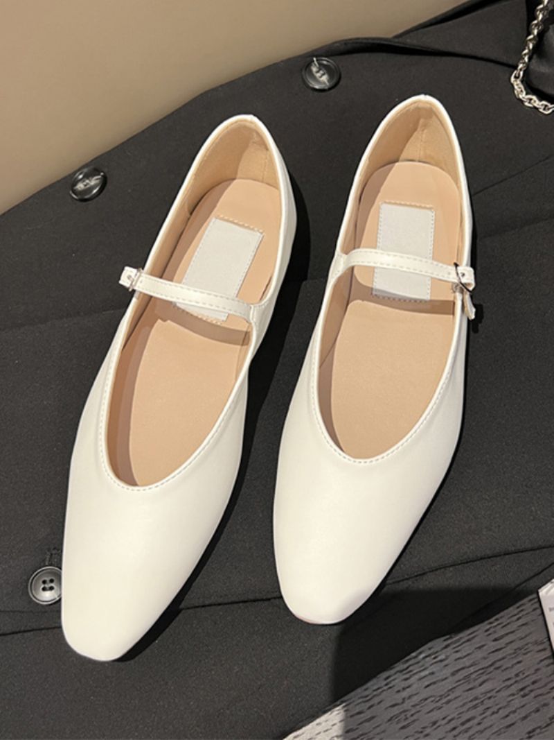 Dámske Čierne Ploché Topánky S Okrúhlou Špičkou Mary Jane Ballet Flats - Biela