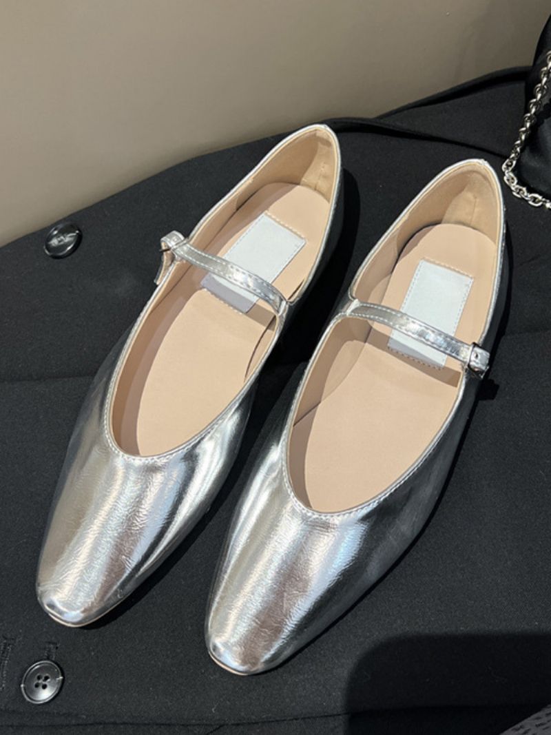 Dámske Čierne Ploché Topánky S Okrúhlou Špičkou Mary Jane Ballet Flats - Strieborná