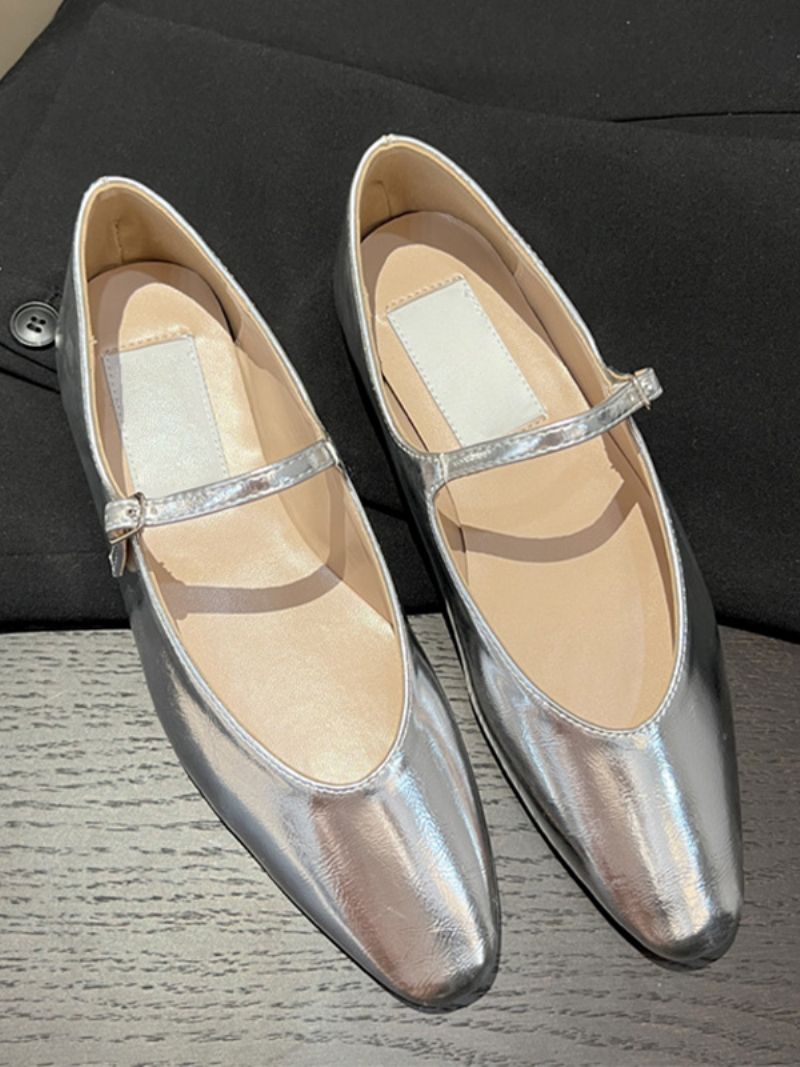 Dámske Čierne Ploché Topánky S Okrúhlou Špičkou Mary Jane Ballet Flats - Strieborná