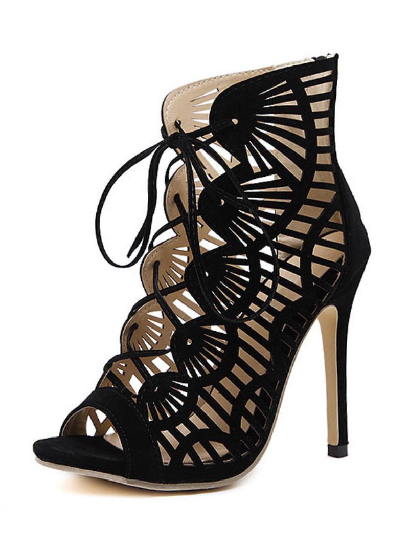 Dámske Čierne Semišové Sandále Gladiator Cut Out Lace Up Na Ihličkovom Podpätku