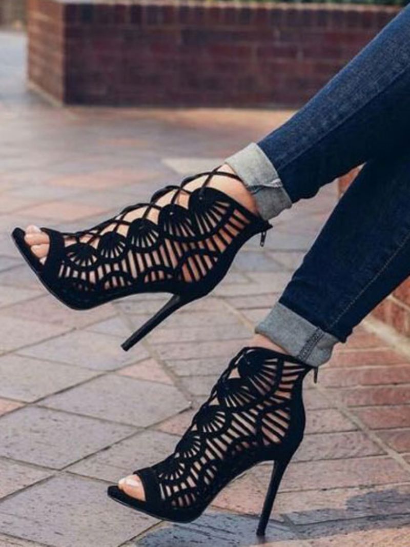 Dámske Čierne Semišové Sandále Gladiator Cut Out Lace Up Na Ihličkovom Podpätku - Čierna