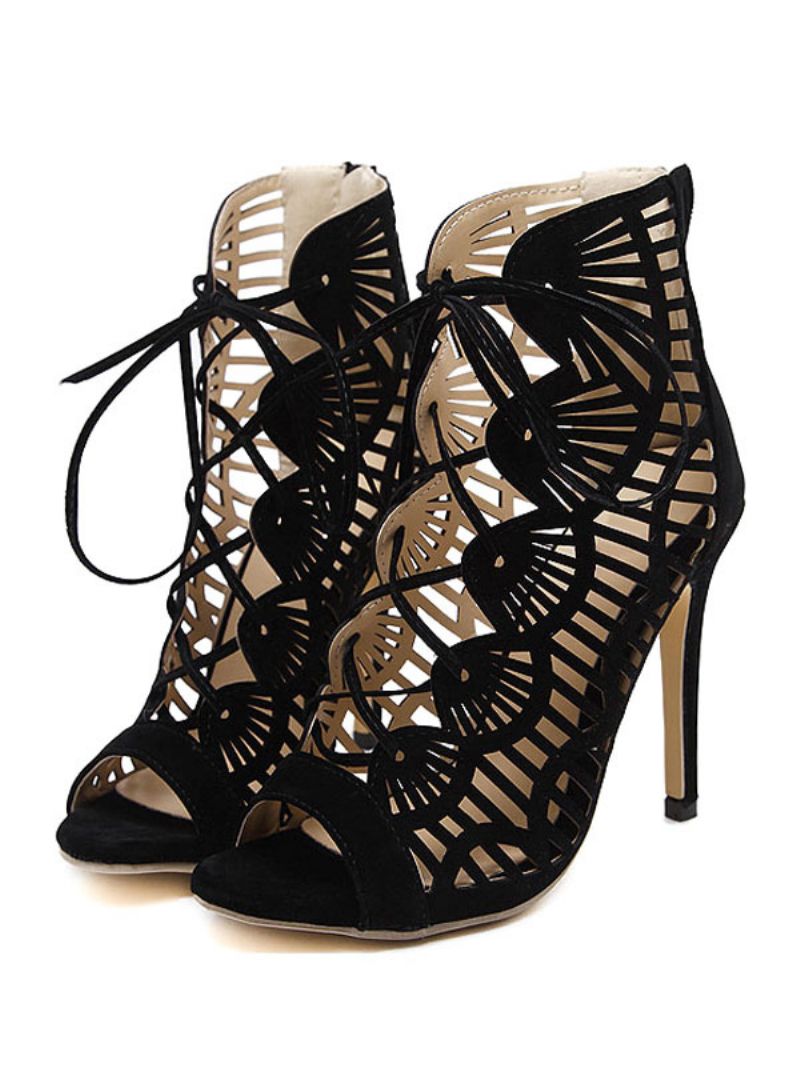 Dámske Čierne Semišové Sandále Gladiator Cut Out Lace Up Na Ihličkovom Podpätku - Čierna