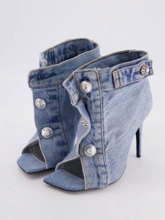 Dámske Členkové Čižmy Denim Blue Open Toe Button Detail Na Vysokom Opätku