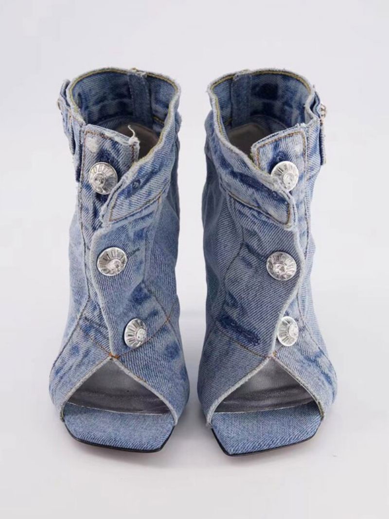 Dámske Členkové Čižmy Denim Blue Open Toe Button Detail Na Vysokom Opätku - Svetlo Obloha Modrá