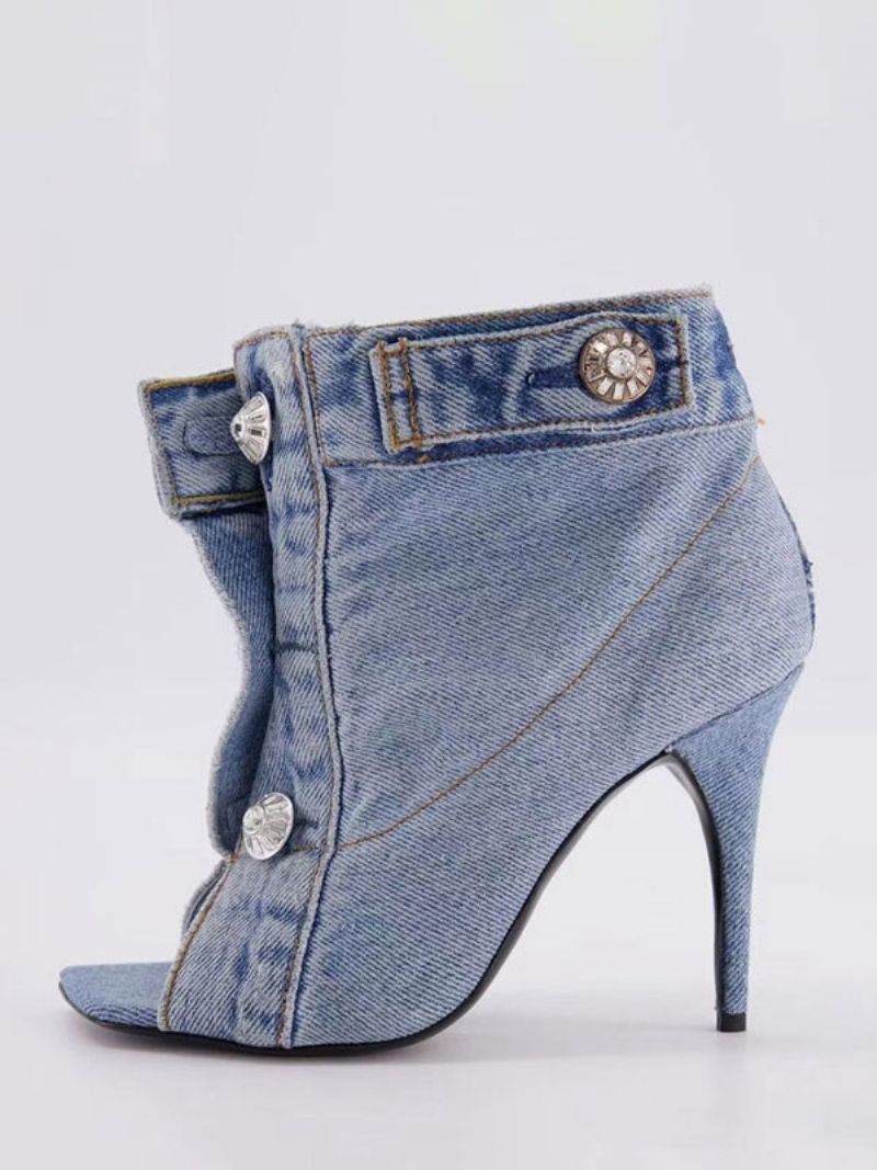 Dámske Členkové Čižmy Denim Blue Open Toe Button Detail Na Vysokom Opätku - Svetlo Obloha Modrá