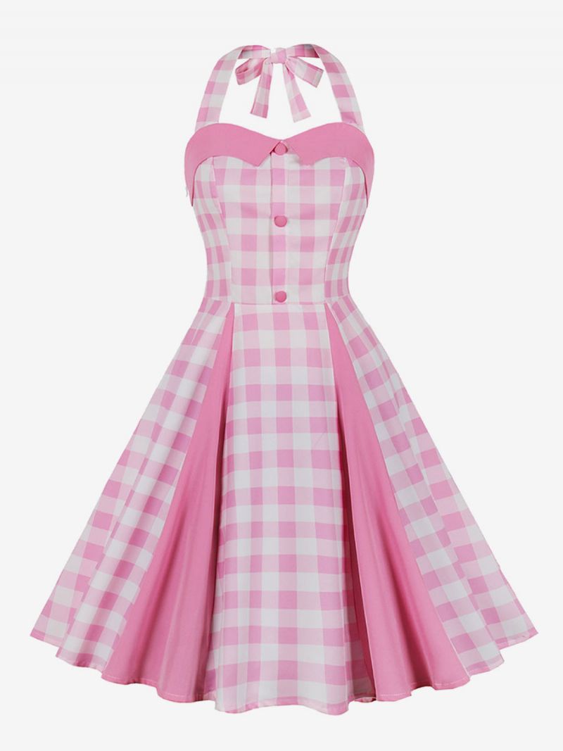 Dámske Šaty Barbie Pink Gingham Vintage Midi Halter Z 50. Rokov