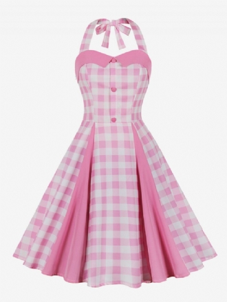 Dámske Šaty Barbie Pink Gingham Vintage Midi Halter Z 50. Rokov