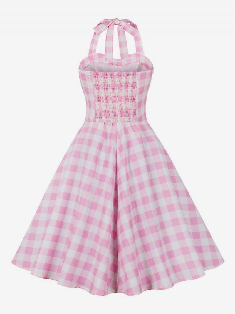 Dámske Šaty Barbie Pink Gingham Vintage Midi Halter Z 50. Rokov - Ružová