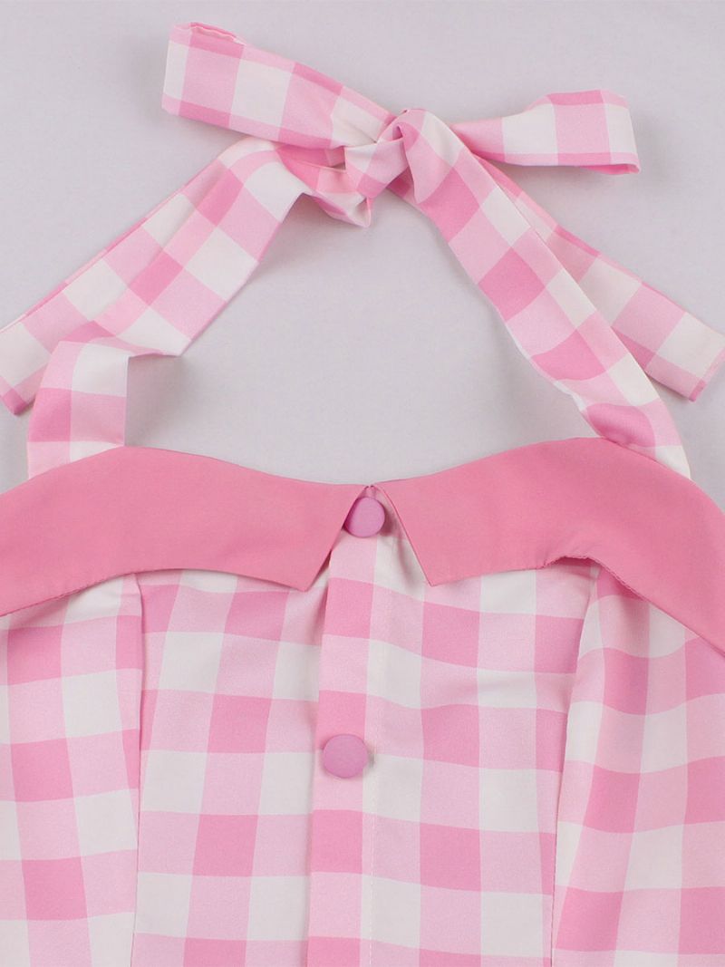 Dámske Šaty Barbie Pink Gingham Vintage Midi Halter Z 50. Rokov - Ružová