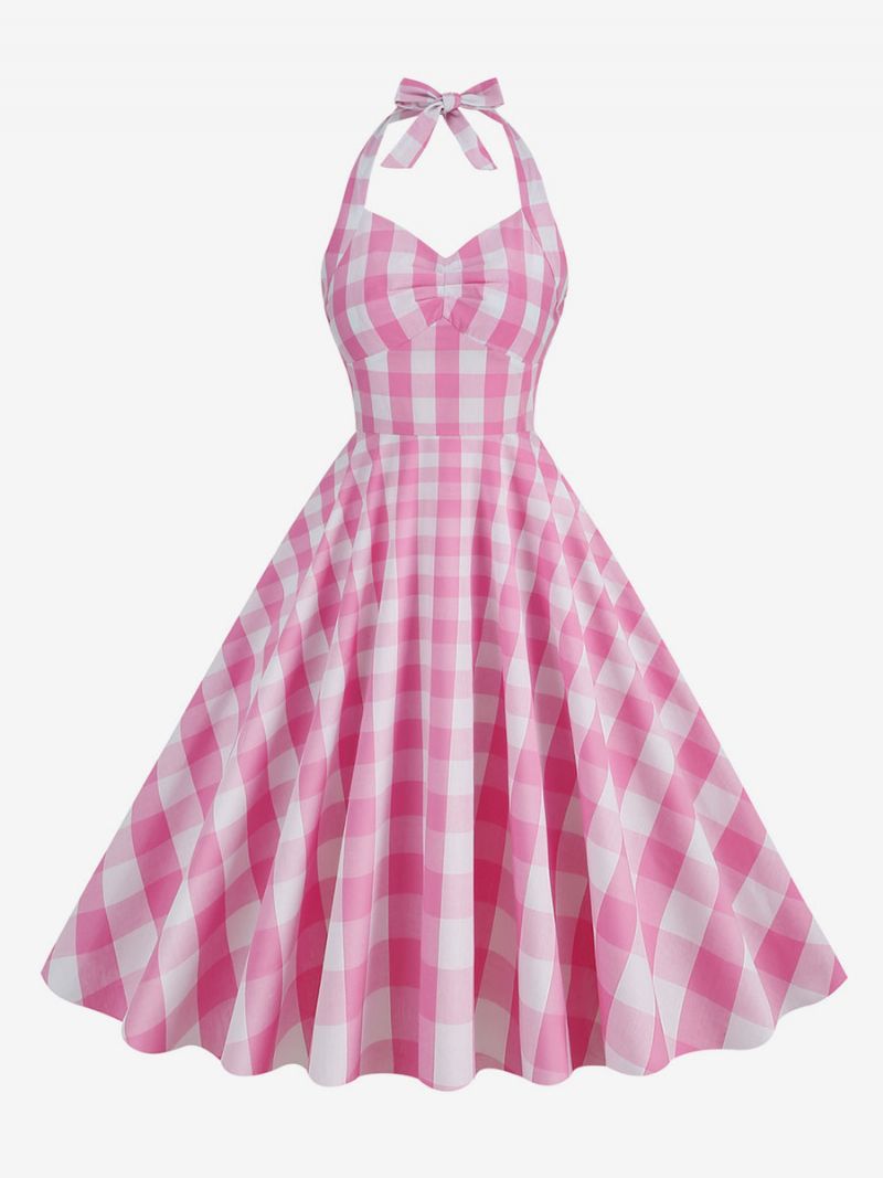 Dámske Šaty Barbie Pink Gingham Z 50. Rokov 20. Storočia Kockované Plisované Ohlávkové Vintage