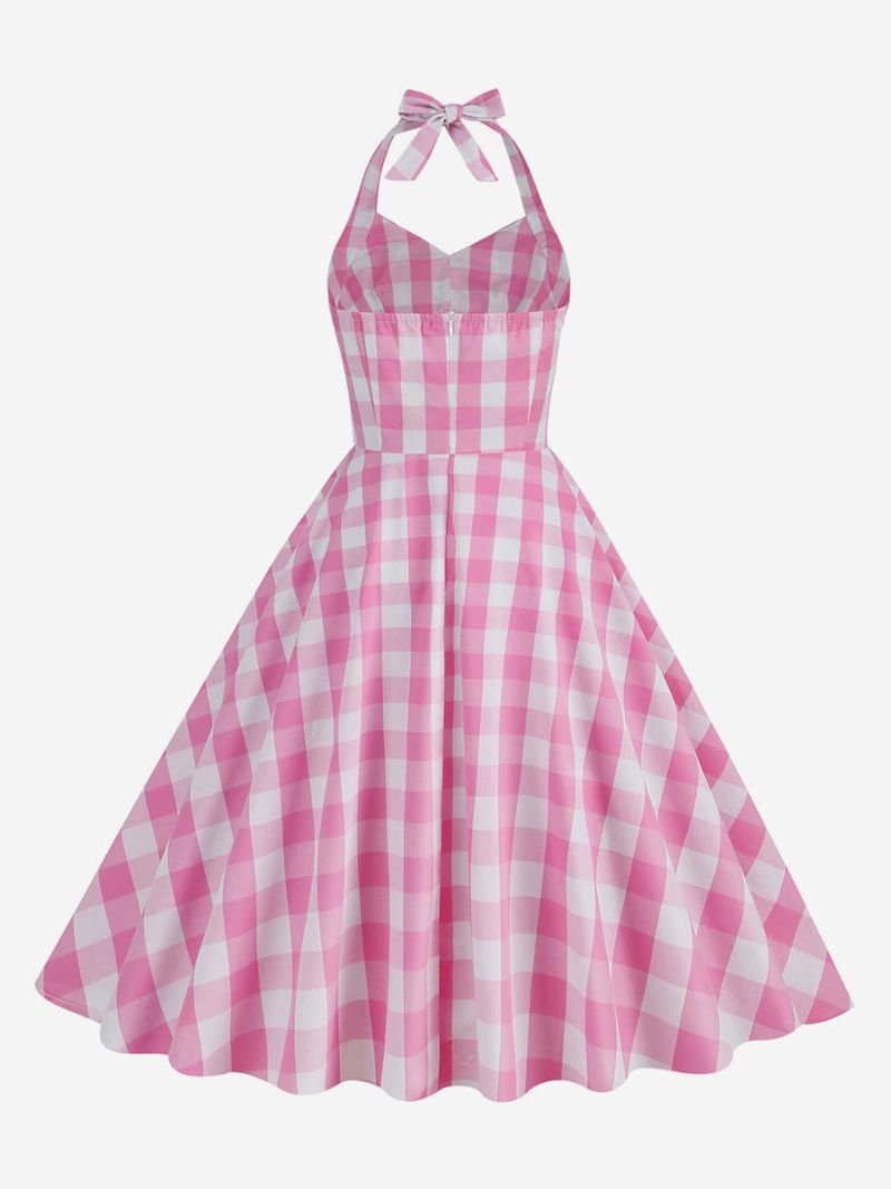 Dámske Šaty Barbie Pink Gingham Z 50. Rokov 20. Storočia Kockované Plisované Ohlávkové Vintage - Ružová