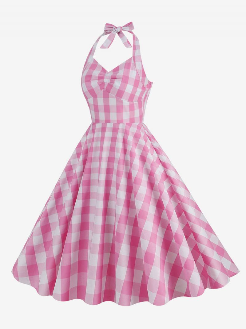 Dámske Šaty Barbie Pink Gingham Z 50. Rokov 20. Storočia Kockované Plisované Ohlávkové Vintage - Ružová