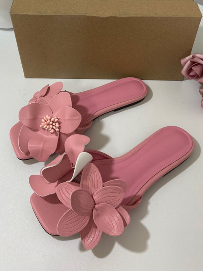 Dámske Šmykľavé Sandále Chic Flowers Microfiber Open Toe Kitten Heel Caps - Ružová