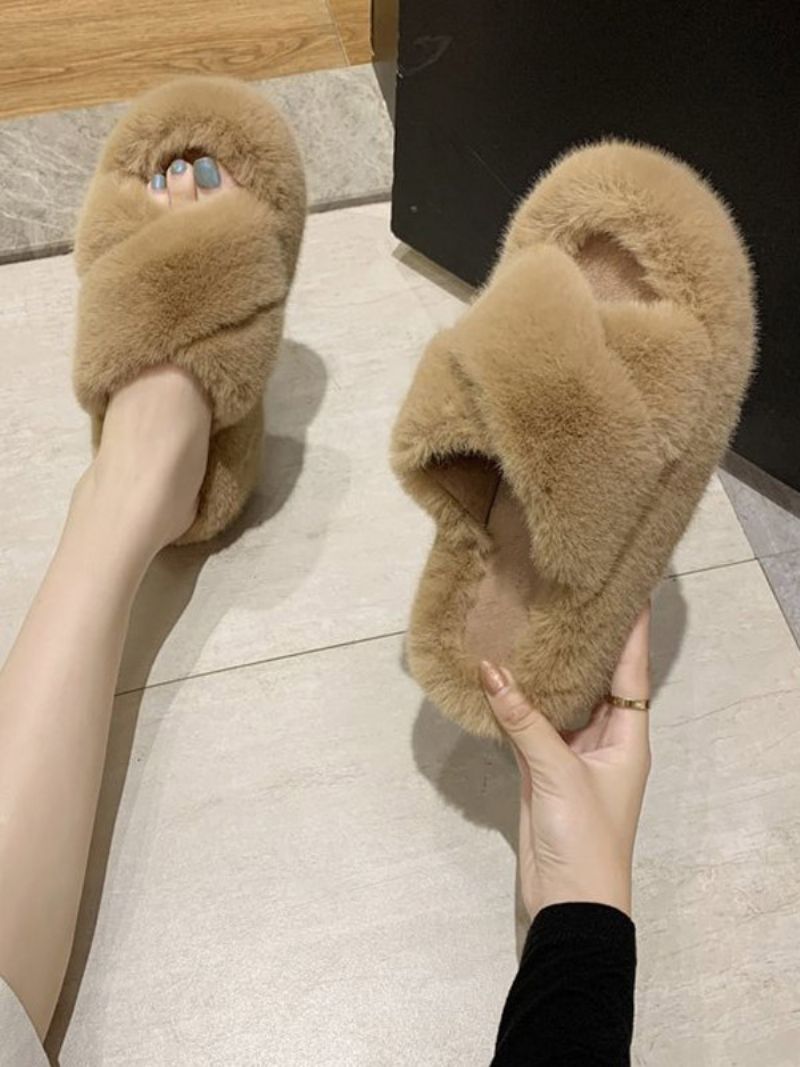 Dámske Šmykľavé Sandále Elegantná Kožušina Syntetický Materiál Peep Toe Ploché Papuče - Khaki