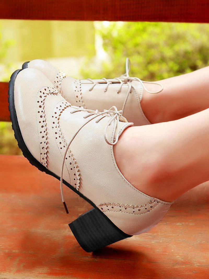 Dámske Šnurovacie Brogues Block Heel - Béžová