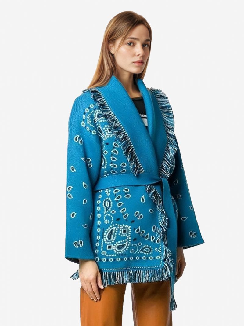 Dámske Žakárové Vesty Boho Sveter Z Vlnenej Zmesi S Opaskom Inšpirovaný Paisley - Teal