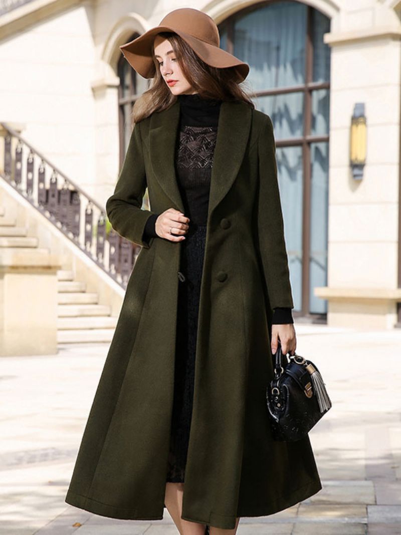 Dámsky Vrchný Odev Turndown Collar Woolen Winter Wrap Coat - Hunter Green