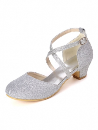 Dievčatá Glitter Cross Strap Kitten Heel Flower Girl Topánky