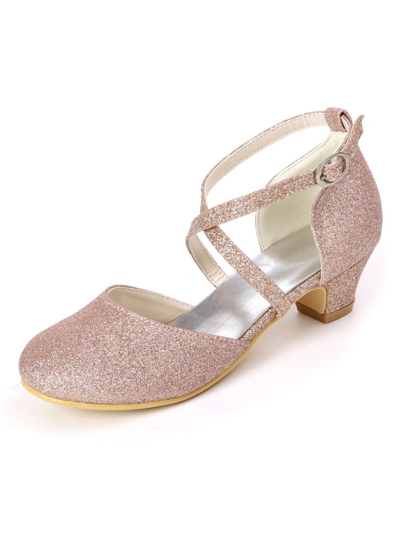 Dievčatá Glitter Cross Strap Kitten Heel Flower Girl Topánky - Šampanské