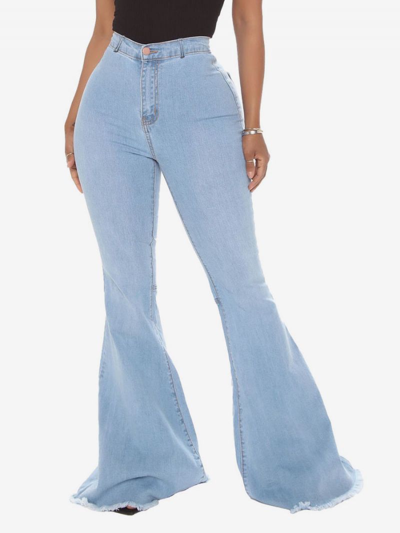 Flare Jeans Pre Ženy Raw Edge High Rise Bell Bottoms - Svetlo Nebeská Modrá