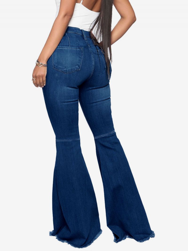 Flare Jeans Pre Ženy Raw Edge High Rise Bell Bottoms - Sýto Modrá