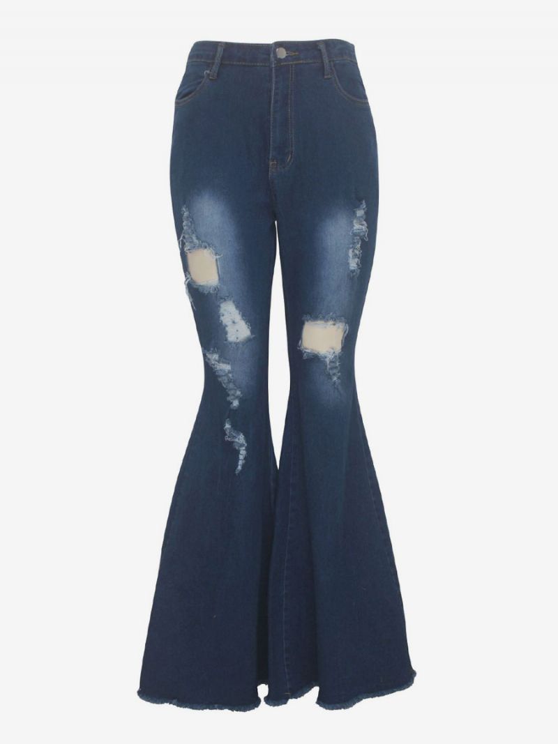 Flare Jeans Raw Edge Ripped High Rise Bell Nohavičky Pre Ženy - Tmavo Modrá