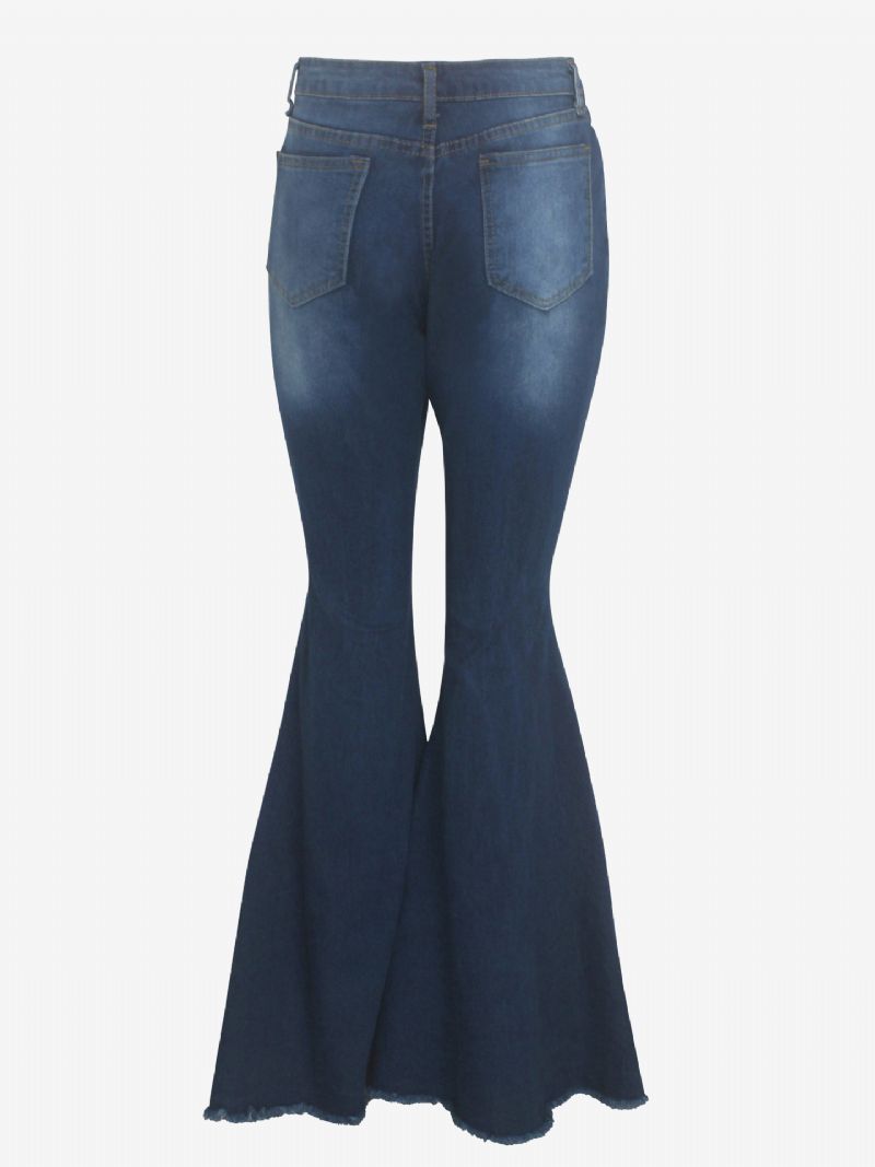 Flare Jeans Raw Edge Ripped High Rise Bell Nohavičky Pre Ženy - Tmavo Modrá