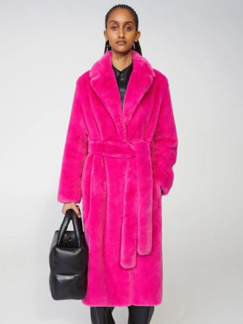 Fuzzy Overcoat Longline Lapel Voľné Dámske Vrchné Oblečenie - Ružová