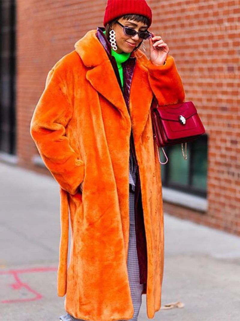 Fuzzy Overcoat Longline Lapel Voľné Dámske Vrchné Oblečenie - Oranžová