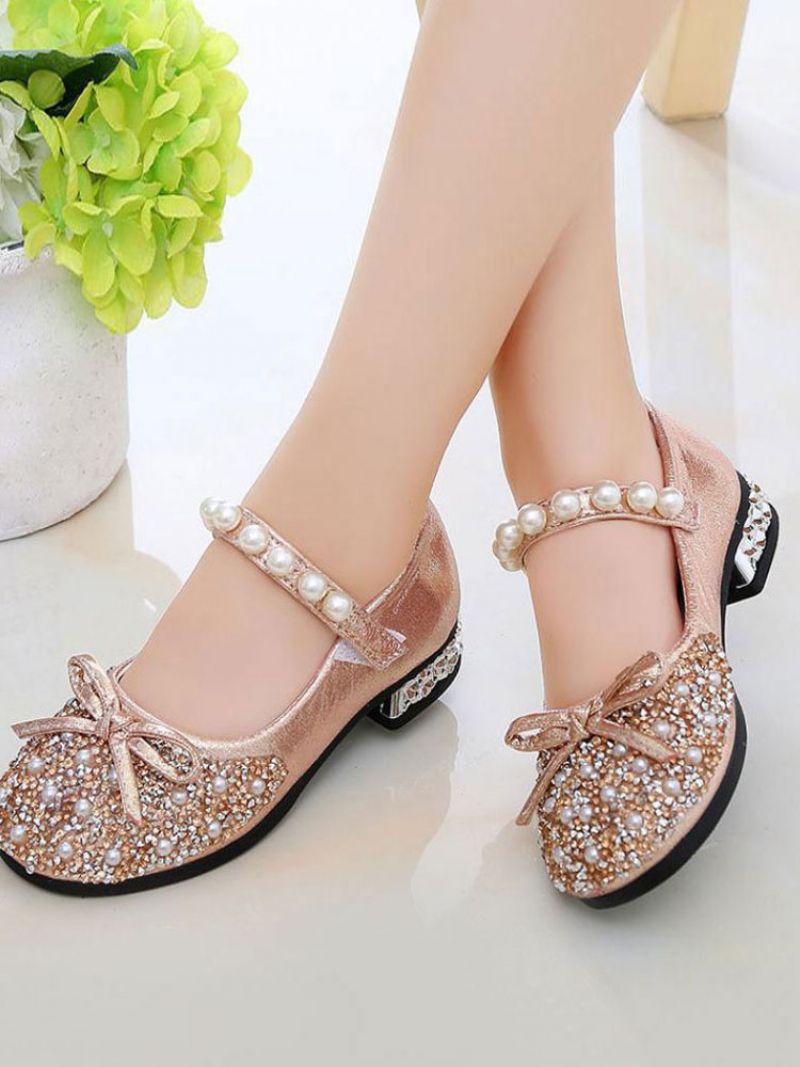 Girls Glitter Bow Pearls Mary Jane Flower Girl Flats - Ružová